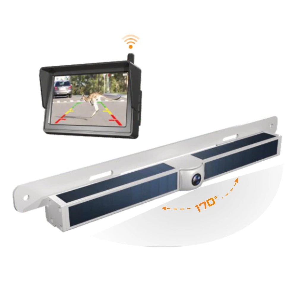 rearview170 wireless reversing camera showing 170 degree wide angle field of view with live HD monitor display and parking guidelines