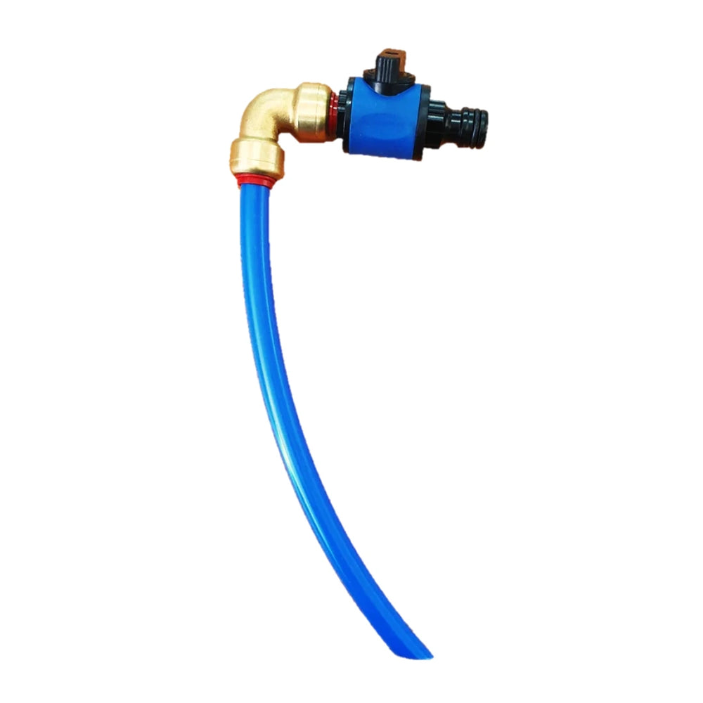 RV and caravan water filler attachment with brass elbow fitting, click-on hose connector and shut-off valve