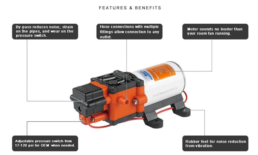 Seaflo 22 Series 12V diaphragm pump dimensions and hose barb fitting diagram for caravan installation