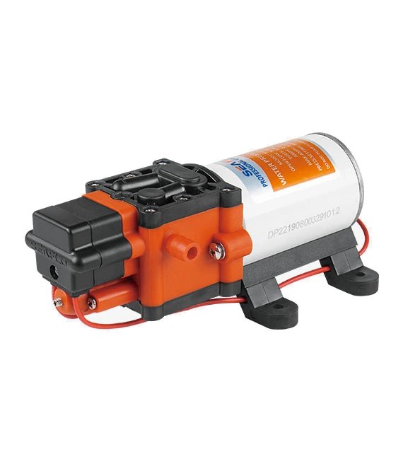 Front view of Seaflo 12V 22 Series automatic water pressure pump 5LPM for caravan plumbing systems
