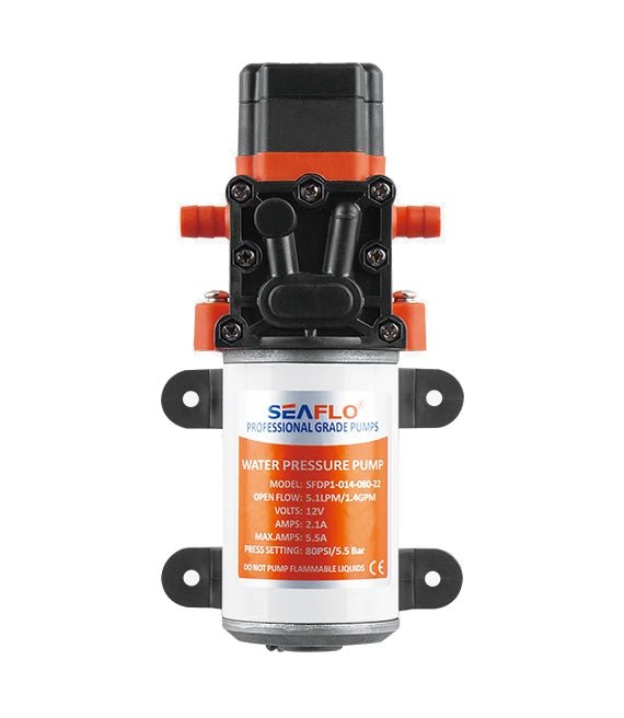Front view of Seaflo 12V 22 Series automatic water pressure pump 5LPM for caravan plumbing systems