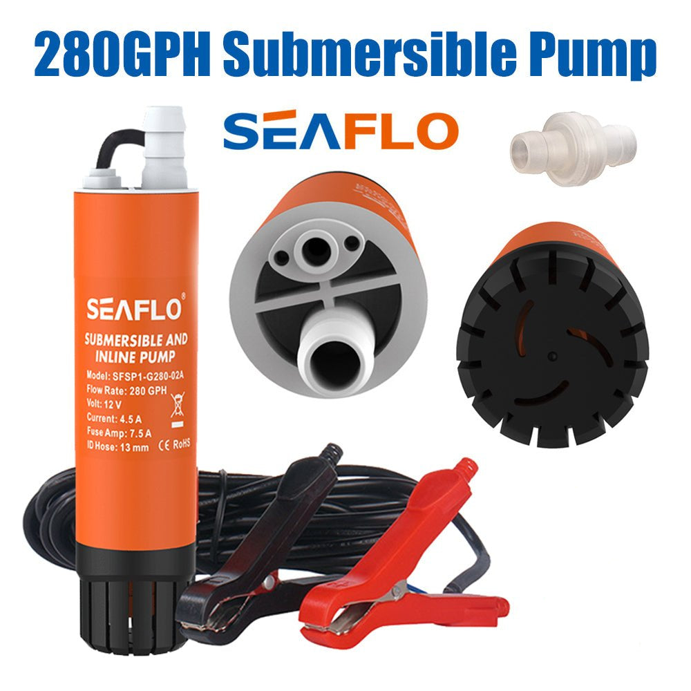 SEAFLO submersible pump with components and branding on a white background