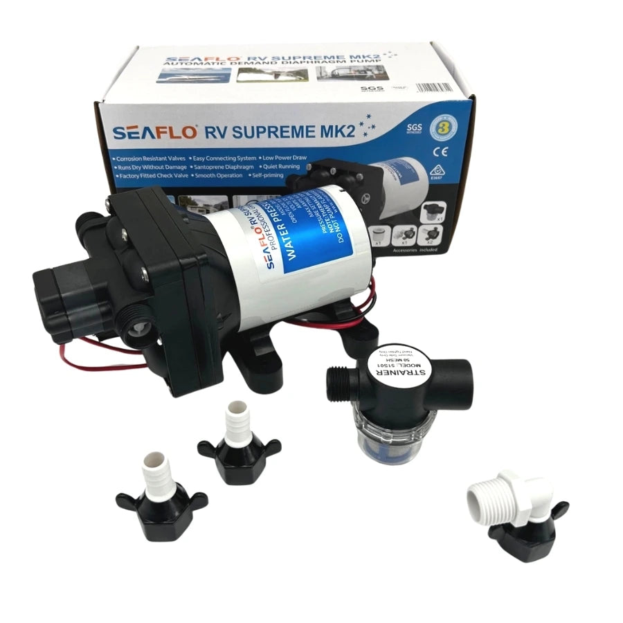Seaflo RV Supreme MK2 12V caravan water pump 11.3LPM with inline strainer and installation fittings