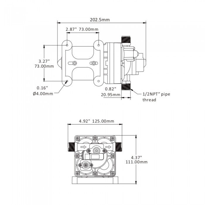 Seaflo RV Supreme MK2 12V caravan water pump dimensions and 1/2 inch MNPT port layout