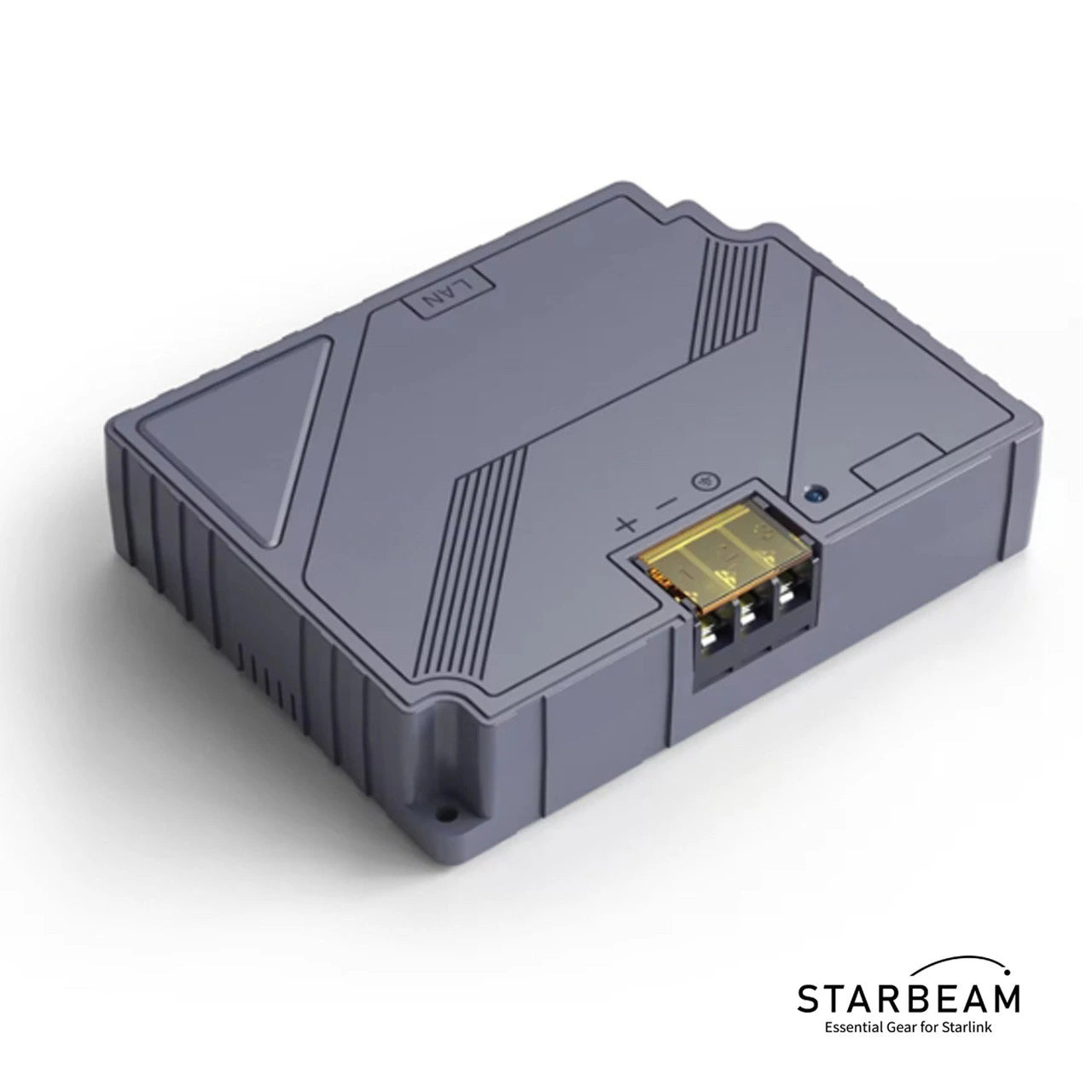 
Starlink Gen 2 DC power converter showing 12V input terminals and LAN port