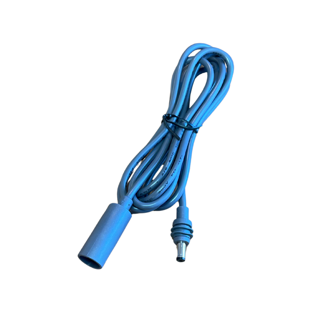 Starlink male to female DC power cable extension shown coiled at an angle, highlighting the 18AWG cable printing