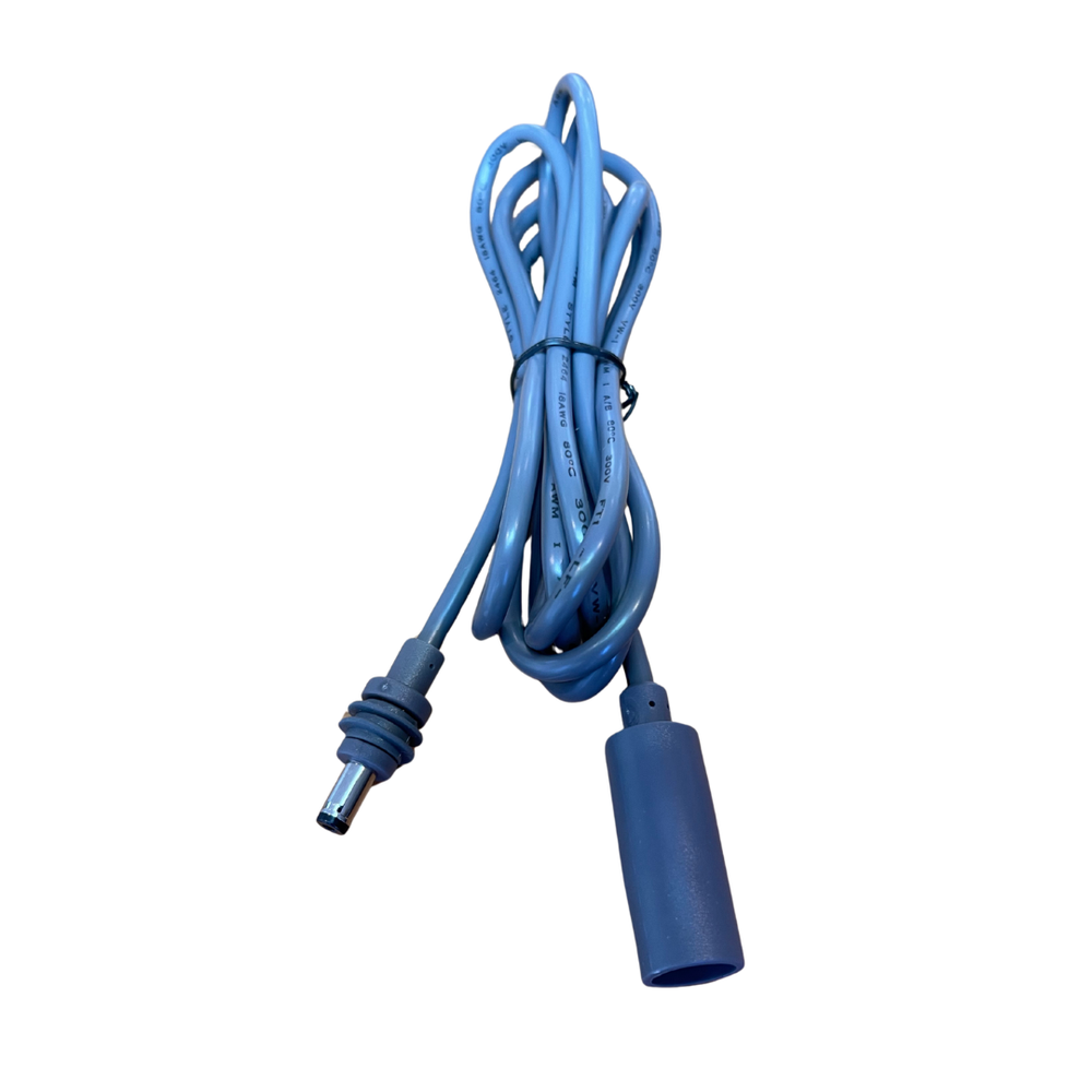 Starlink 2m DC power cable extension coiled and hanging, showing the male barrel plug and female socket ends