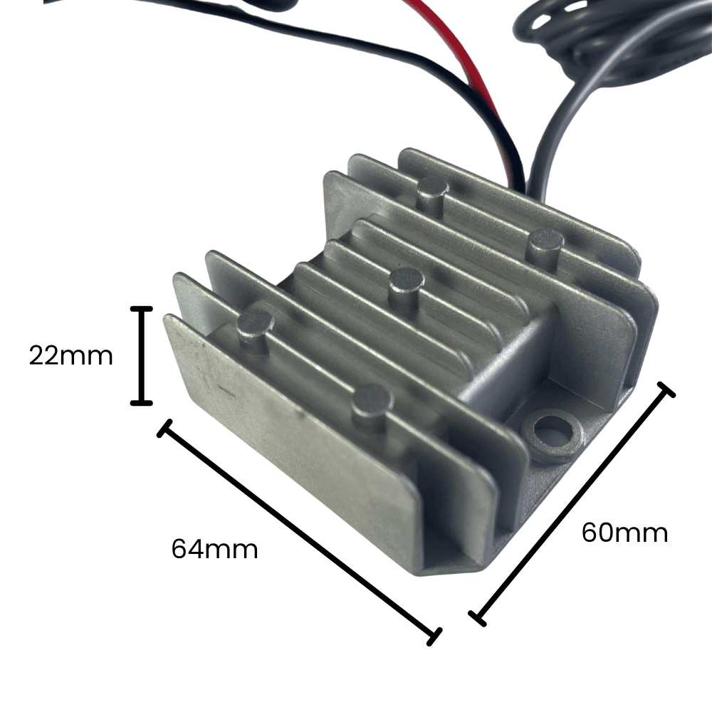 Compact 12V to 30V converter dimensions – 64mm x 60mm x 22mm aluminium housing