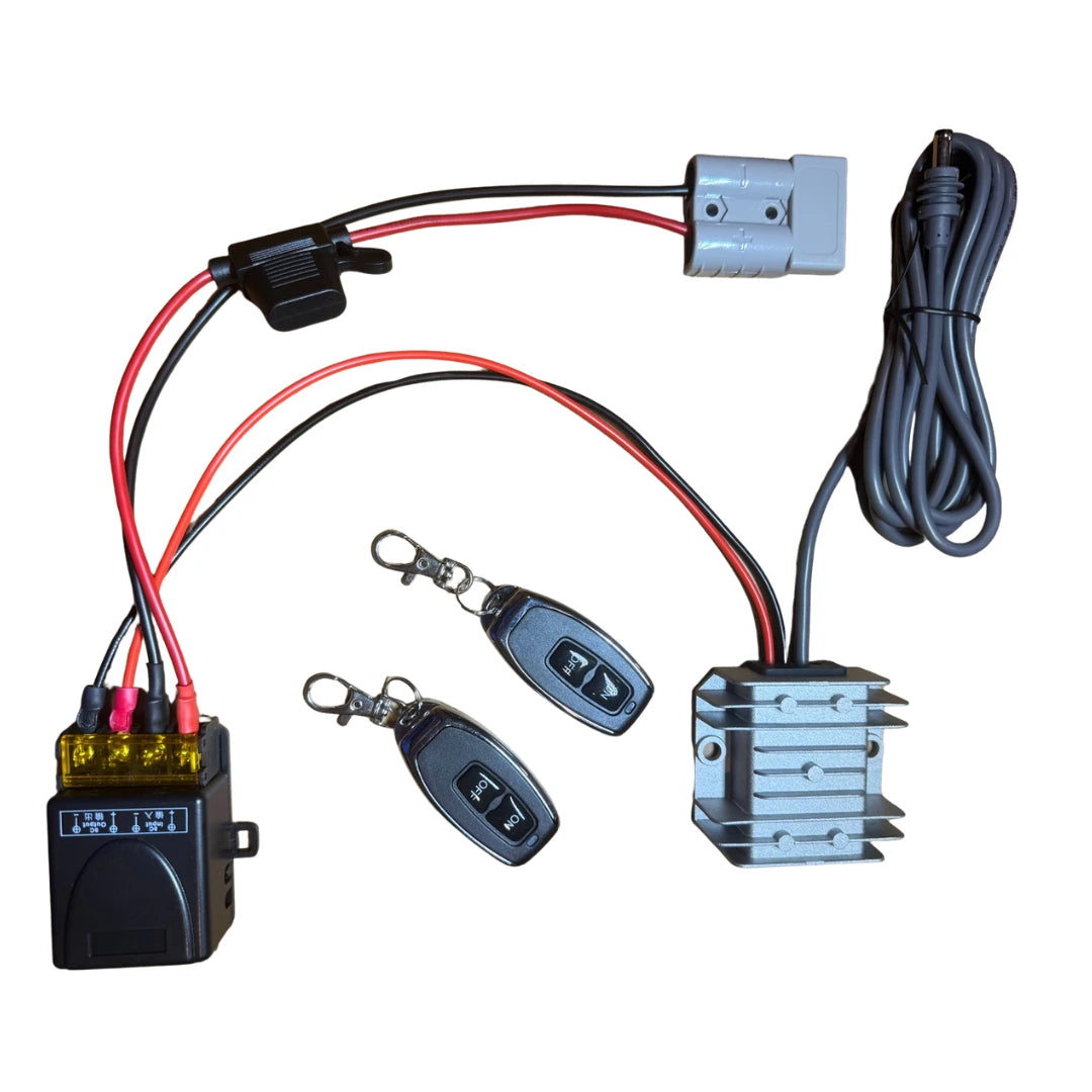 Starlink Mini 12V Anderson power supply with wireless remote switch module and two key fob remotes