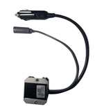 Bottom view of Starlink Mini cigarette plug power supply showing converter label and wiring