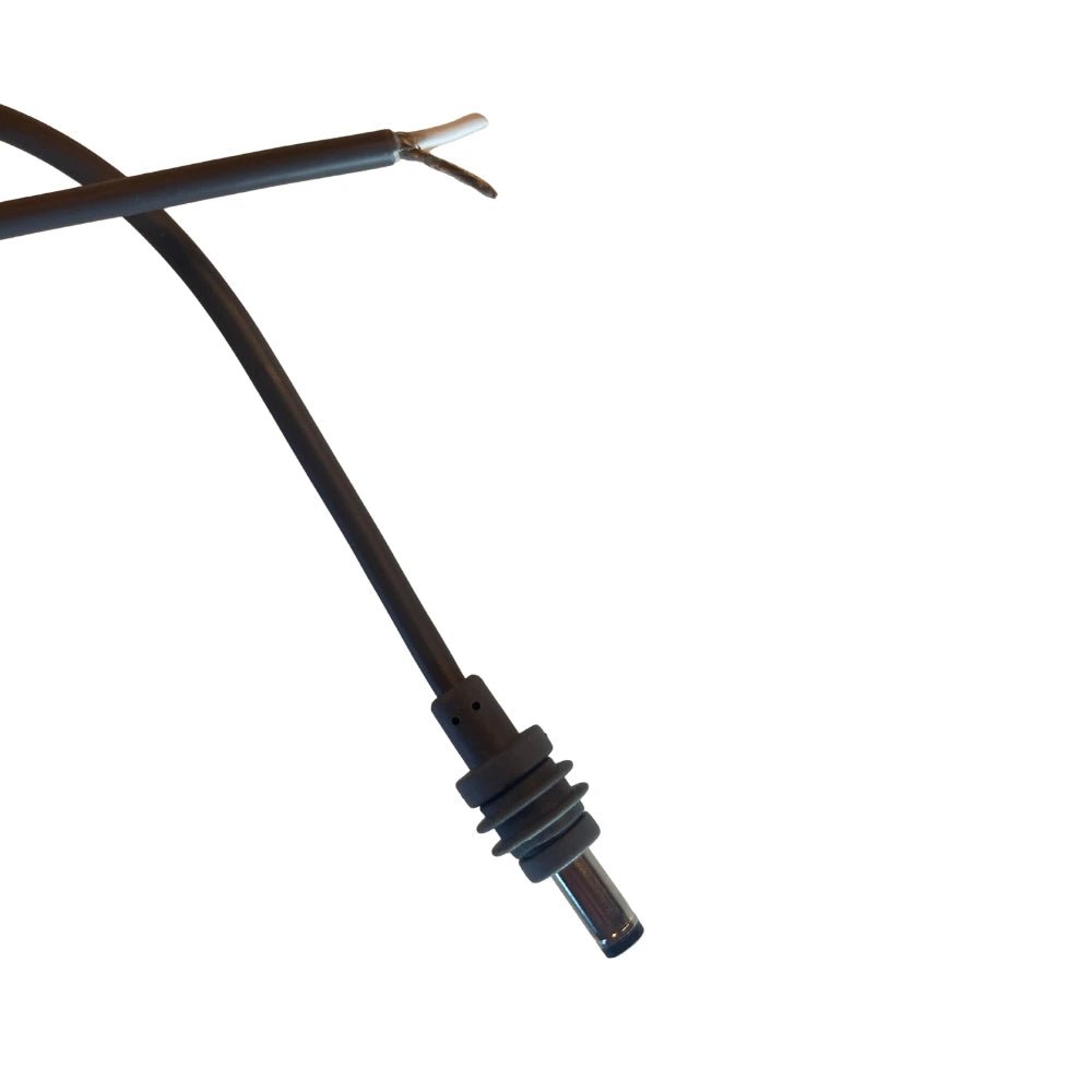 Close-up of Starlink Mini waterproof barrel connector and bare wire tails for custom hardwire installation