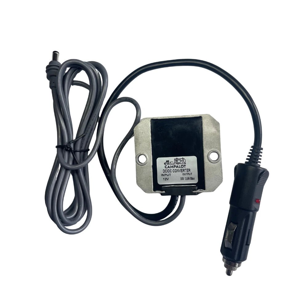 Rear view of Starlink Mini 12 volt cigarette lighter power converter showing Campalot label and compact aluminium housing