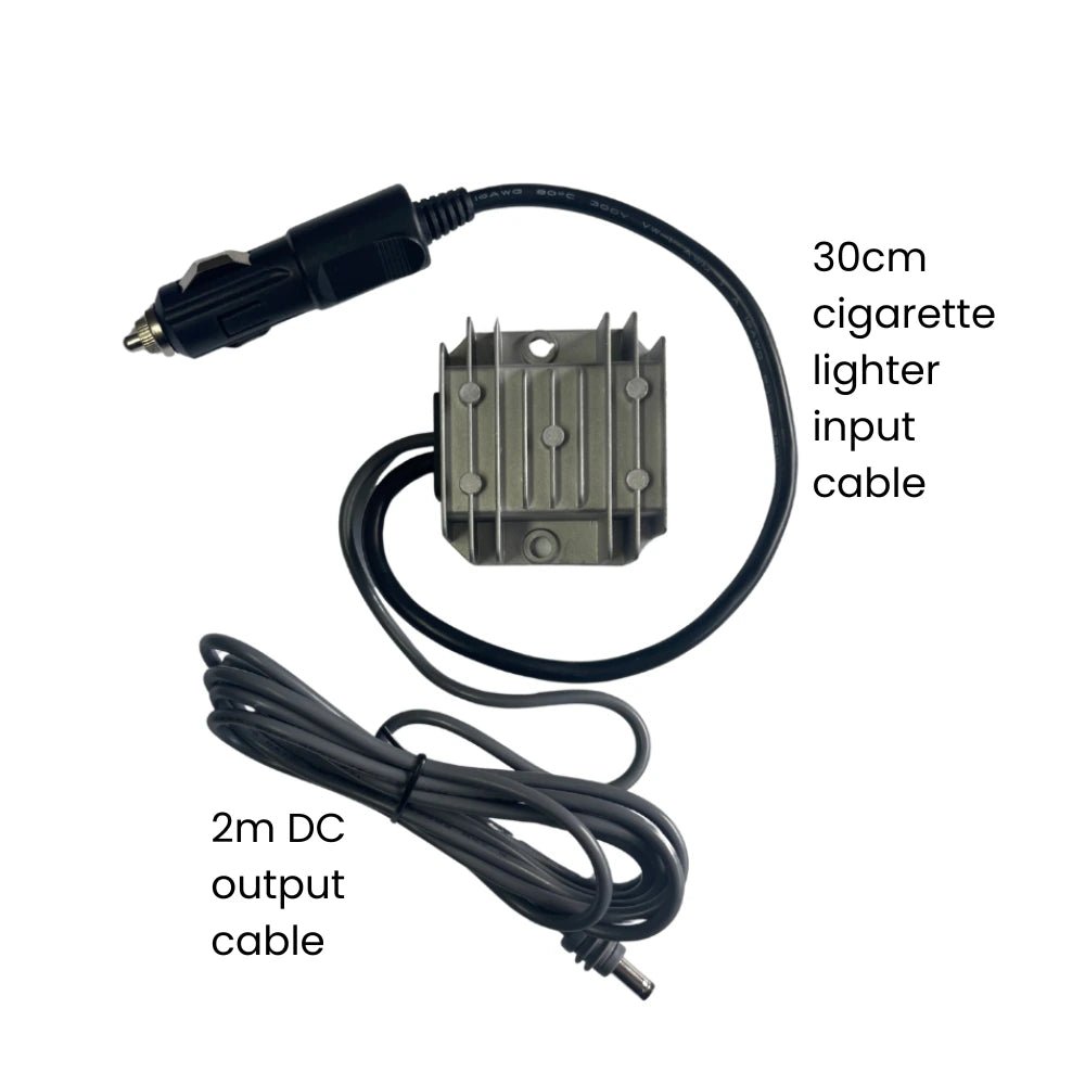 Starlink Mini cigarette lighter power supply showing 30cm input cable and 2 metre DC output cable lengths