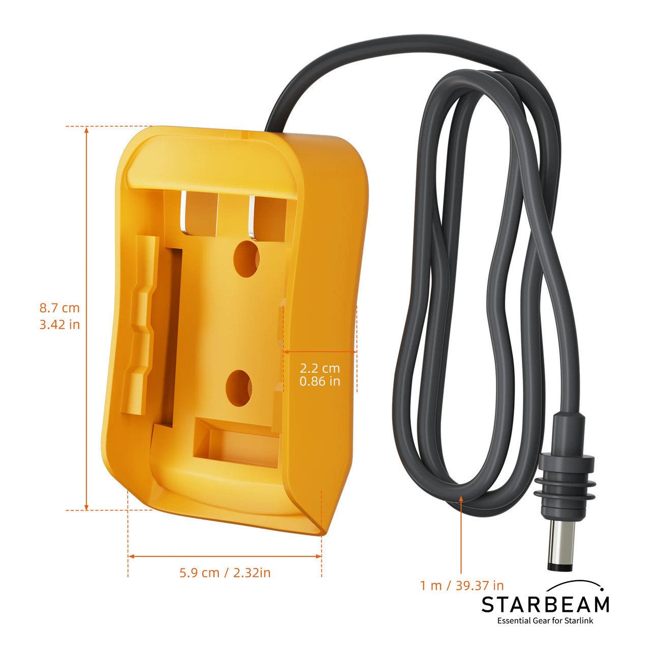 DeWalt 18V Starlink Mini battery adapter dimensions – 8.7cm x 5.9cm x 2.2cm with 1m cable