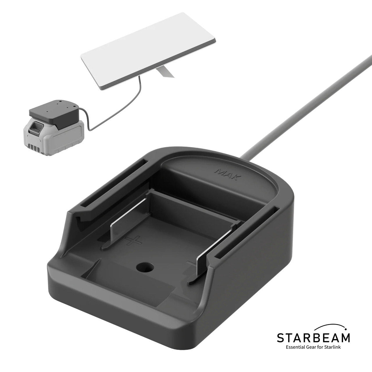 Starlink Mini Power Tool Battery Adapter for Makita 18V batteries shown connected to Starlink Mini