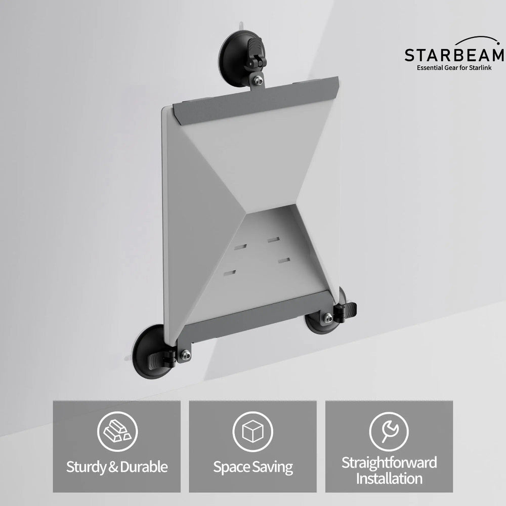 Starlink Mini triple suction mount attached to glass surface showing sturdy and durable space-saving design for off-grid travel